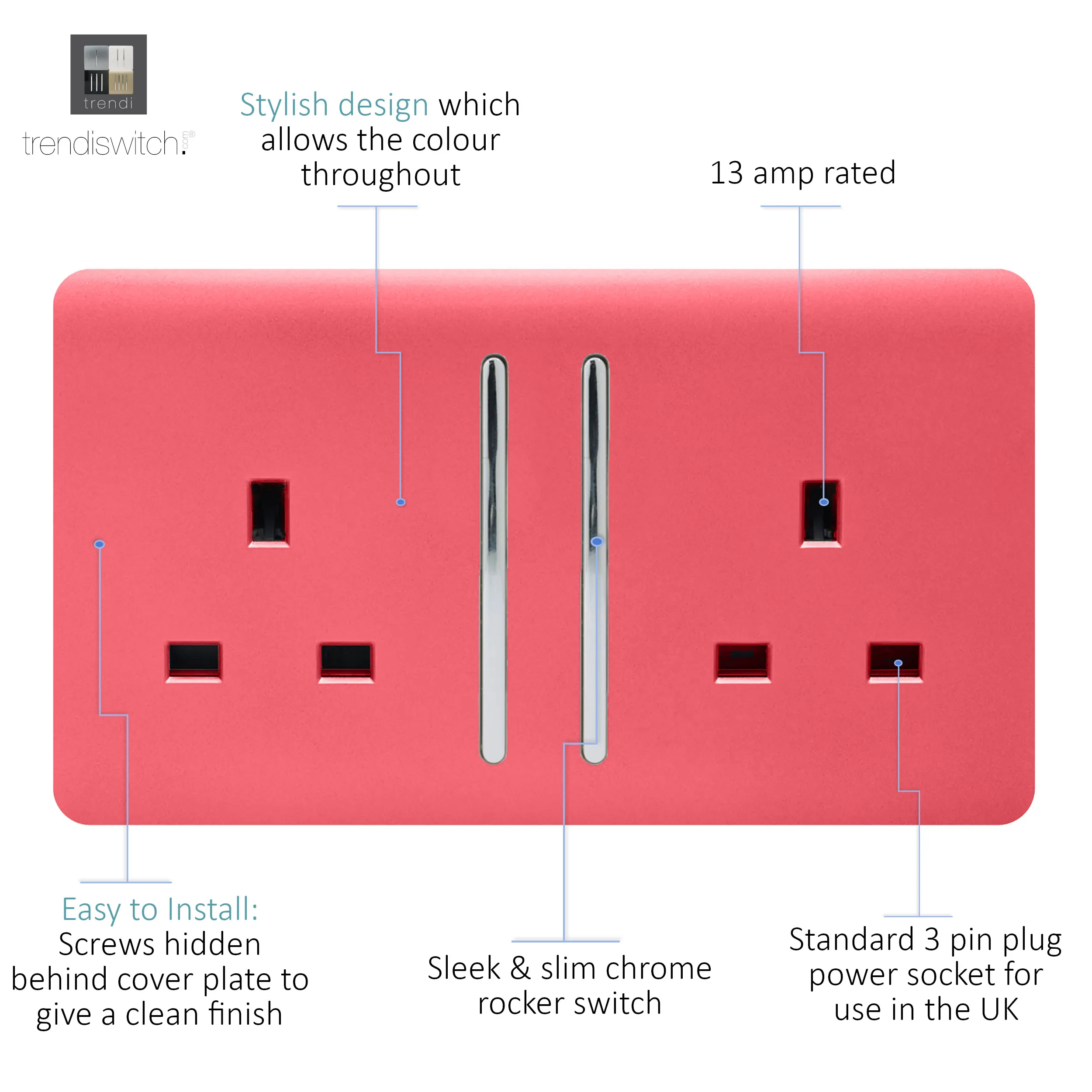 2 Gang 13Amp Long Switched Double Socket Strawberry ART-SKT213LSB  Trendi Strawberry